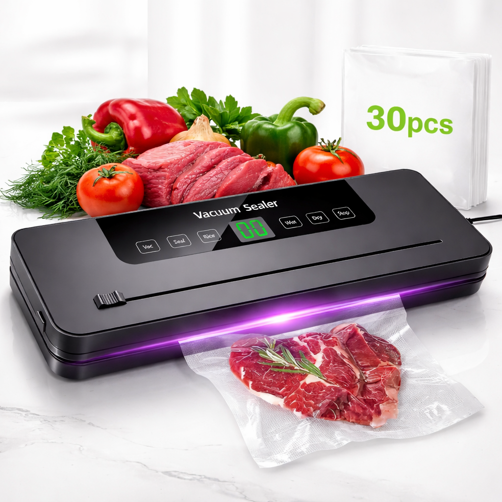 Profi Vakuumiergerät 80kPa – Kompakt, Schnell & Luftdicht mit 30 Beuteln für die perfekte Frische von Lebensmitteln!